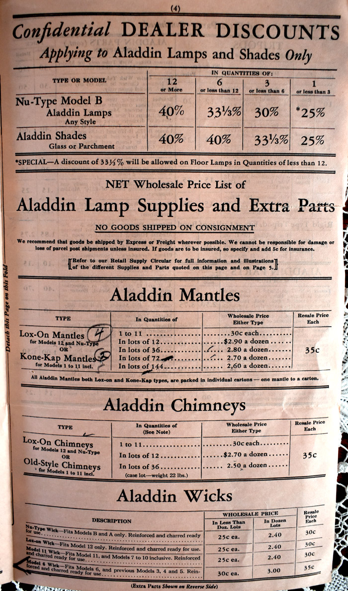 original aladdin lamps and parts dealer price list from 1935